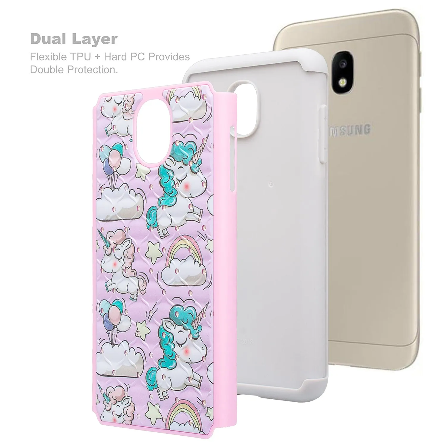 Samsung Galaxy J7 V 2nd Gen/J7 Crown/J7 Top/J7 2018/J7 Star/J7 Achieve/J7 Refine/J7 Aero/J7 Aura Case, Slim Crystal Rhinestone Dual Layer [Shock Resistant] Protective Cover - Pink Unicorn