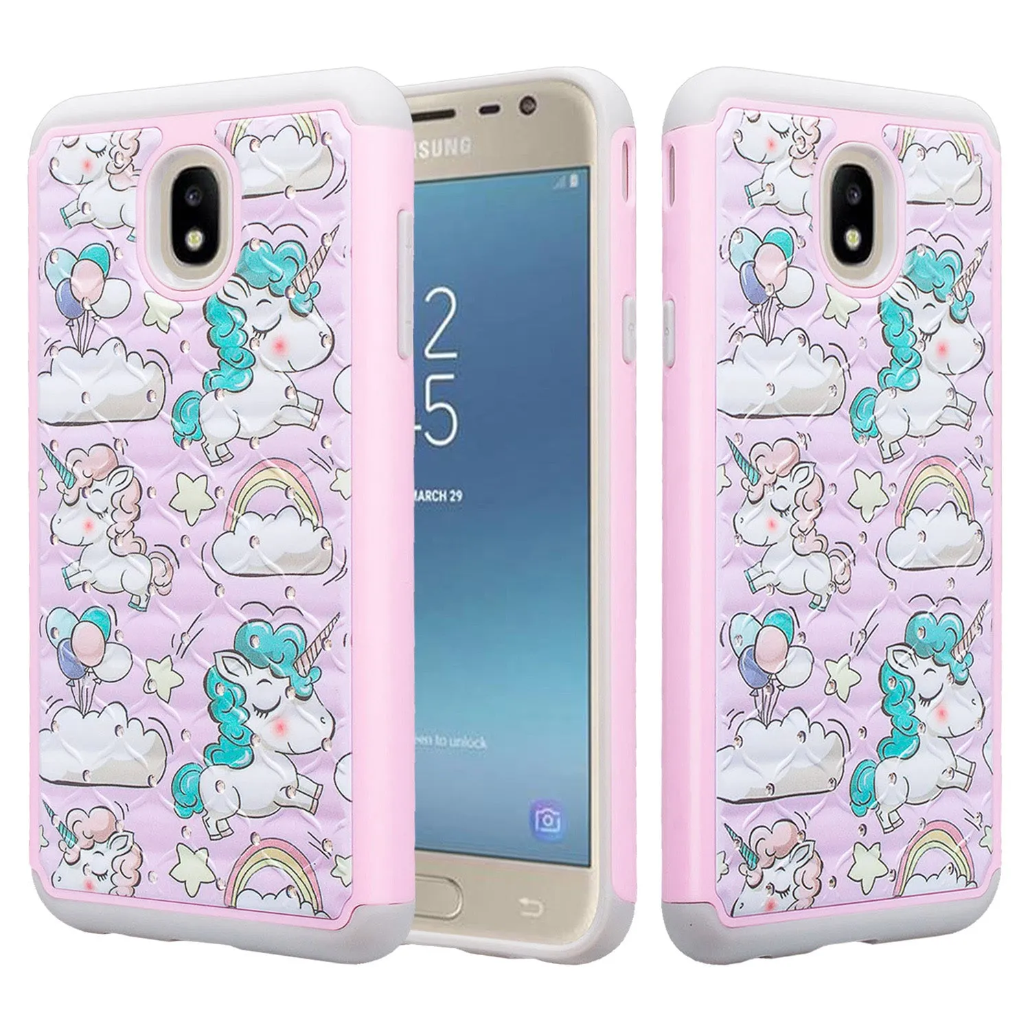Samsung Galaxy J7 V 2nd Gen/J7 Crown/J7 Top/J7 2018/J7 Star/J7 Achieve/J7 Refine/J7 Aero/J7 Aura Case, Slim Crystal Rhinestone Dual Layer [Shock Resistant] Protective Cover - Pink Unicorn