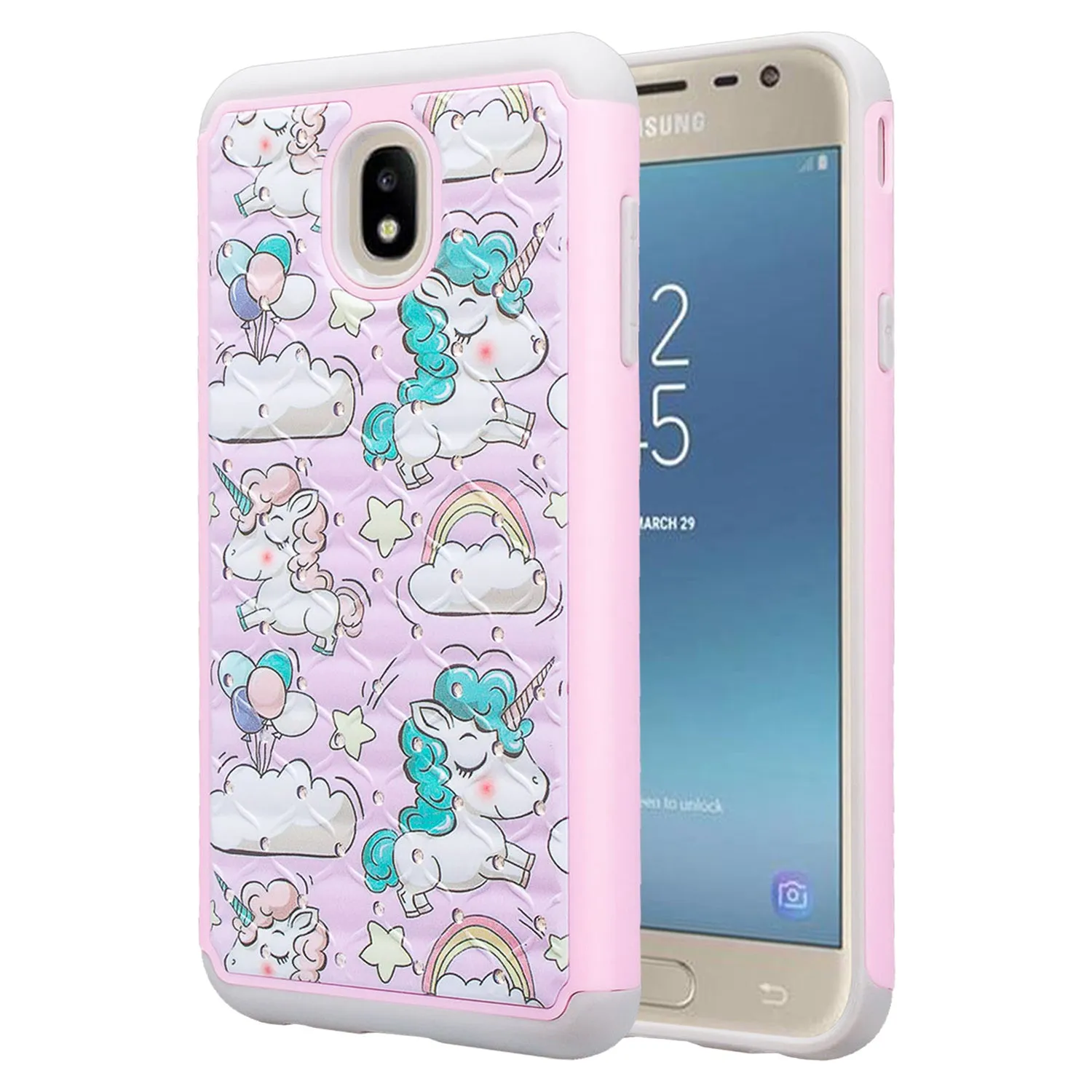 Samsung Galaxy J7 V 2nd Gen/J7 Crown/J7 Top/J7 2018/J7 Star/J7 Achieve/J7 Refine/J7 Aero/J7 Aura Case, Slim Crystal Rhinestone Dual Layer [Shock Resistant] Protective Cover - Pink Unicorn
