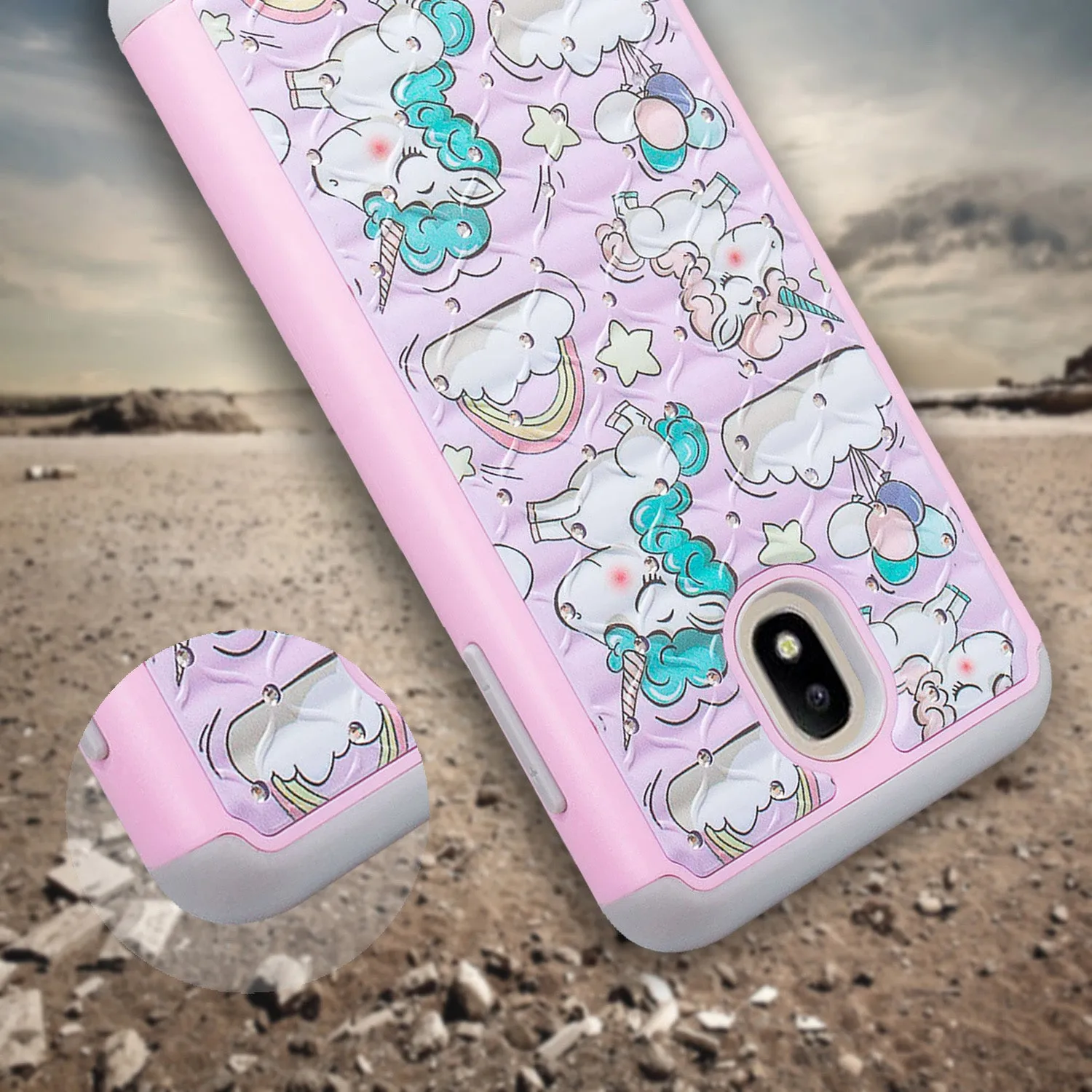 Samsung Galaxy J7 V 2nd Gen/J7 Crown/J7 Top/J7 2018/J7 Star/J7 Achieve/J7 Refine/J7 Aero/J7 Aura Case, Slim Crystal Rhinestone Dual Layer [Shock Resistant] Protective Cover - Pink Unicorn