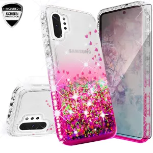 Samsung Galaxy Note 10 Case Liquid Glitter Phone Case Waterfall Floating Quicksand Bling Sparkle Cute Protective Girls Women Cover for Galaxy Note 10 W/Temper Glass - Hot Pink
