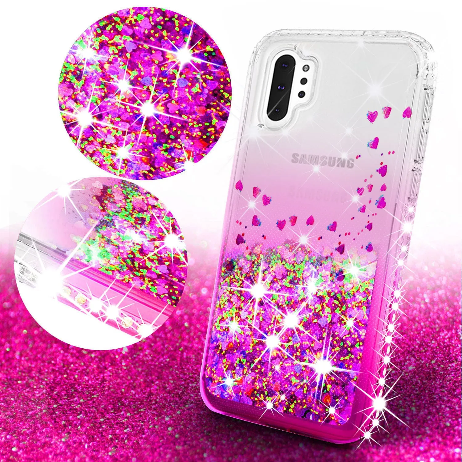 Samsung Galaxy Note 10 Case Liquid Glitter Phone Case Waterfall Floating Quicksand Bling Sparkle Cute Protective Girls Women Cover for Galaxy Note 10 W/Temper Glass - Hot Pink