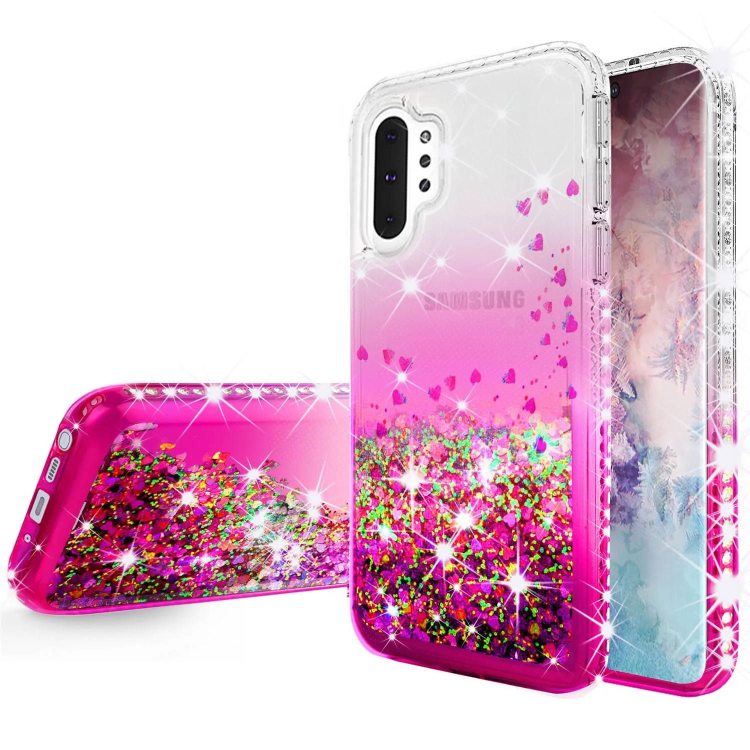 Samsung Galaxy Note 10 Case Liquid Glitter Phone Case Waterfall Floating Quicksand Bling Sparkle Cute Protective Girls Women Cover for Galaxy Note 10 W/Temper Glass - Hot Pink