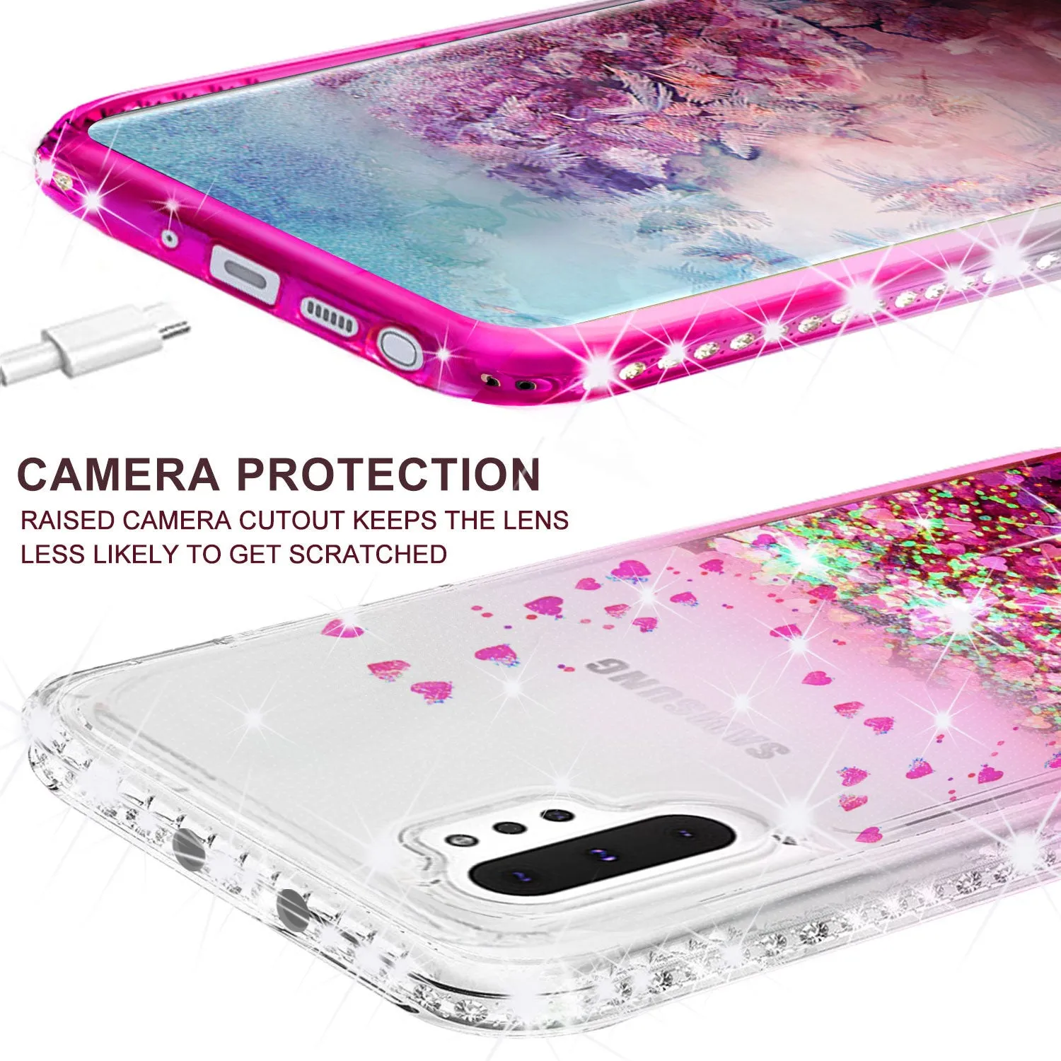Samsung Galaxy Note 10 Case Liquid Glitter Phone Case Waterfall Floating Quicksand Bling Sparkle Cute Protective Girls Women Cover for Galaxy Note 10 W/Temper Glass - Hot Pink