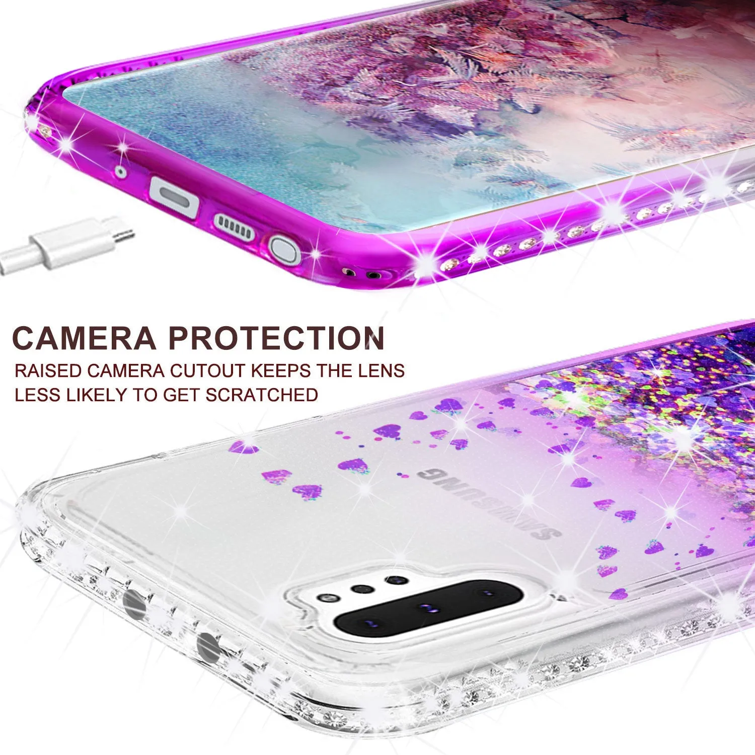 Samsung Galaxy Note 10 Case Liquid Glitter Phone Case Waterfall Floating Quicksand Bling Sparkle Cute Protective Girls Women Cover for Galaxy Note 10 W/Temper Glass - Purple