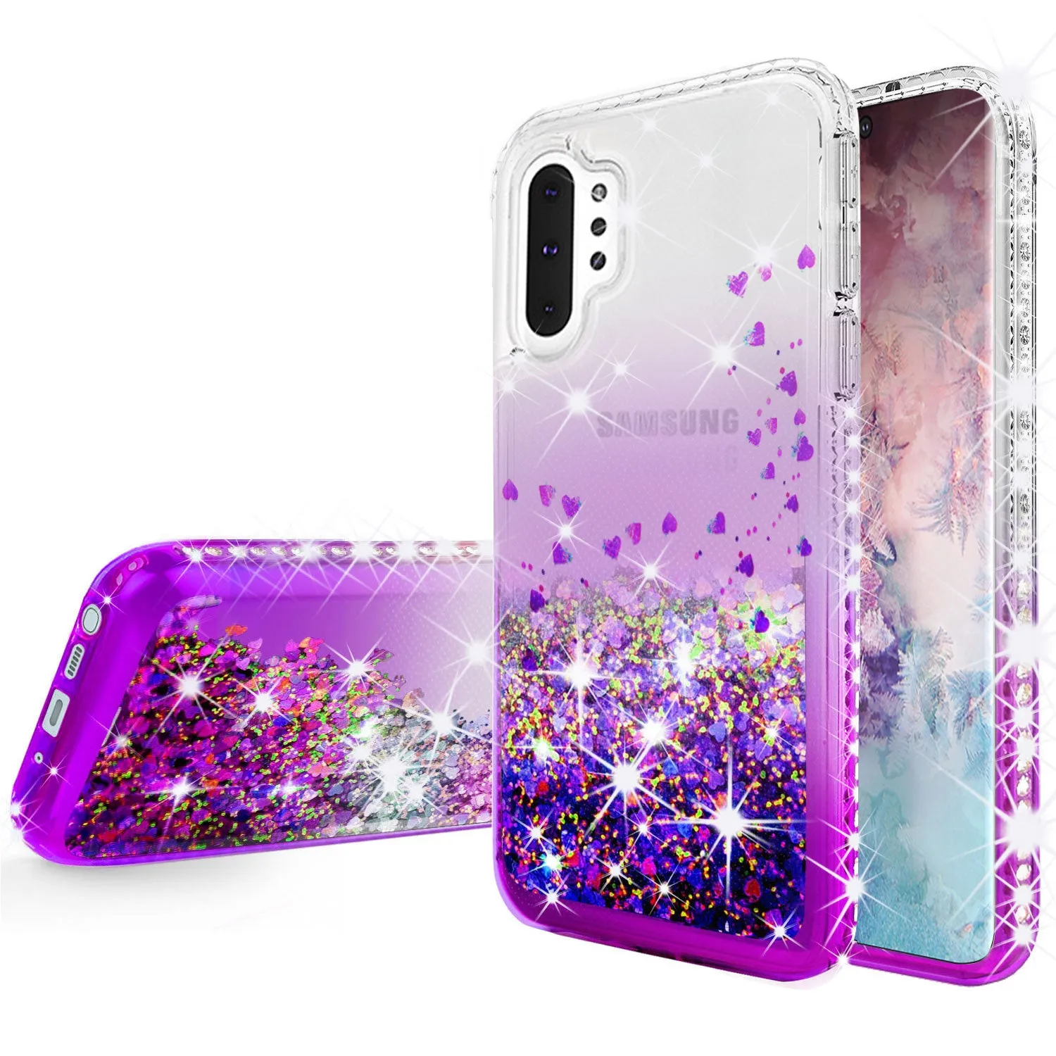 Samsung Galaxy Note 10 Case Liquid Glitter Phone Case Waterfall Floating Quicksand Bling Sparkle Cute Protective Girls Women Cover for Galaxy Note 10 W/Temper Glass - Purple