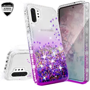 Samsung Galaxy Note 10 Case Liquid Glitter Phone Case Waterfall Floating Quicksand Bling Sparkle Cute Protective Girls Women Cover for Galaxy Note 10 W/Temper Glass - Purple