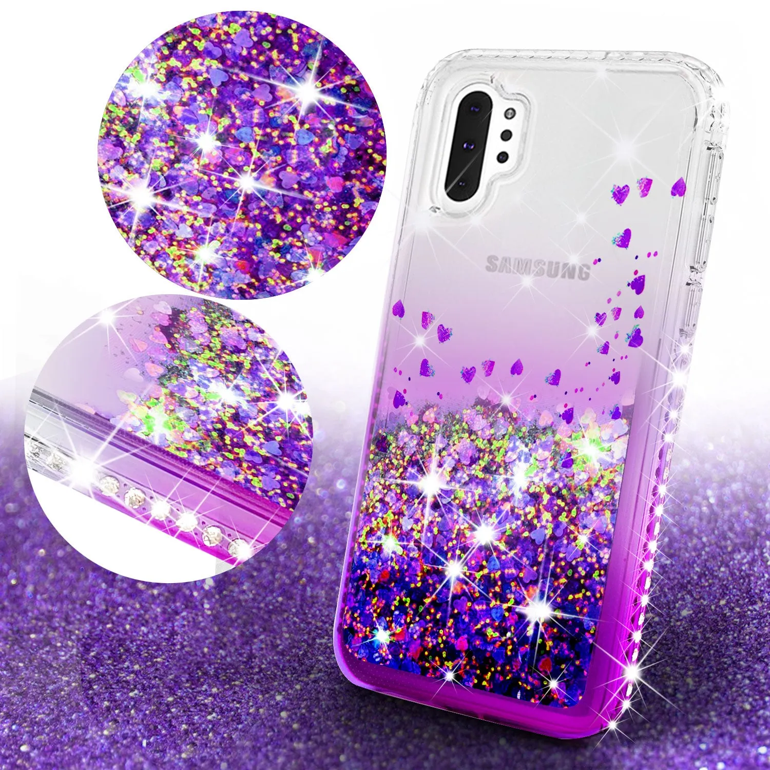 Samsung Galaxy Note 10 Case Liquid Glitter Phone Case Waterfall Floating Quicksand Bling Sparkle Cute Protective Girls Women Cover for Galaxy Note 10 W/Temper Glass - Purple