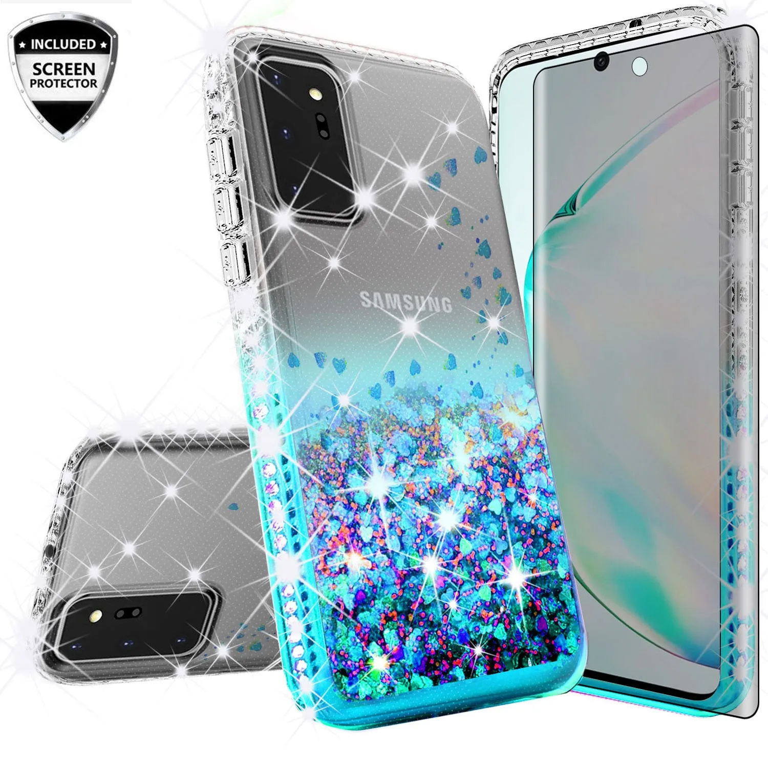 Samsung Galaxy Note 20 Case Liquid Glitter Phone Case Waterfall Floating Quicksand Bling Sparkle Cute Protective Girls Women Cover for Samsung Galaxy Note 20 W/Temper Glass- Teal