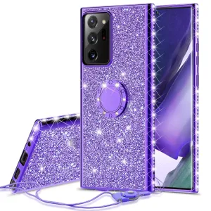 Samsung Galaxy Note 20 Ultra Case, Glitter Cute Phone Case Girls with Kickstand,Bling Diamond Rhinestone Bumper Ring Stand Sparkly Luxury Clear Thin Soft Protective Samsung Galaxy Note 20 Ultra Case for Girl Women - Purple