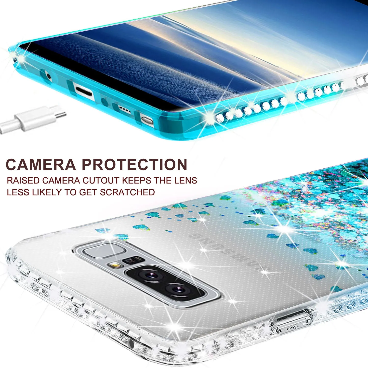 Samsung Galaxy Note 8 Case Liquid Glitter Phone Case Waterfall Floating Quicksand Bling Sparkle Cute Protective Girls Women Cover for Galaxy Note 8 - Teal
