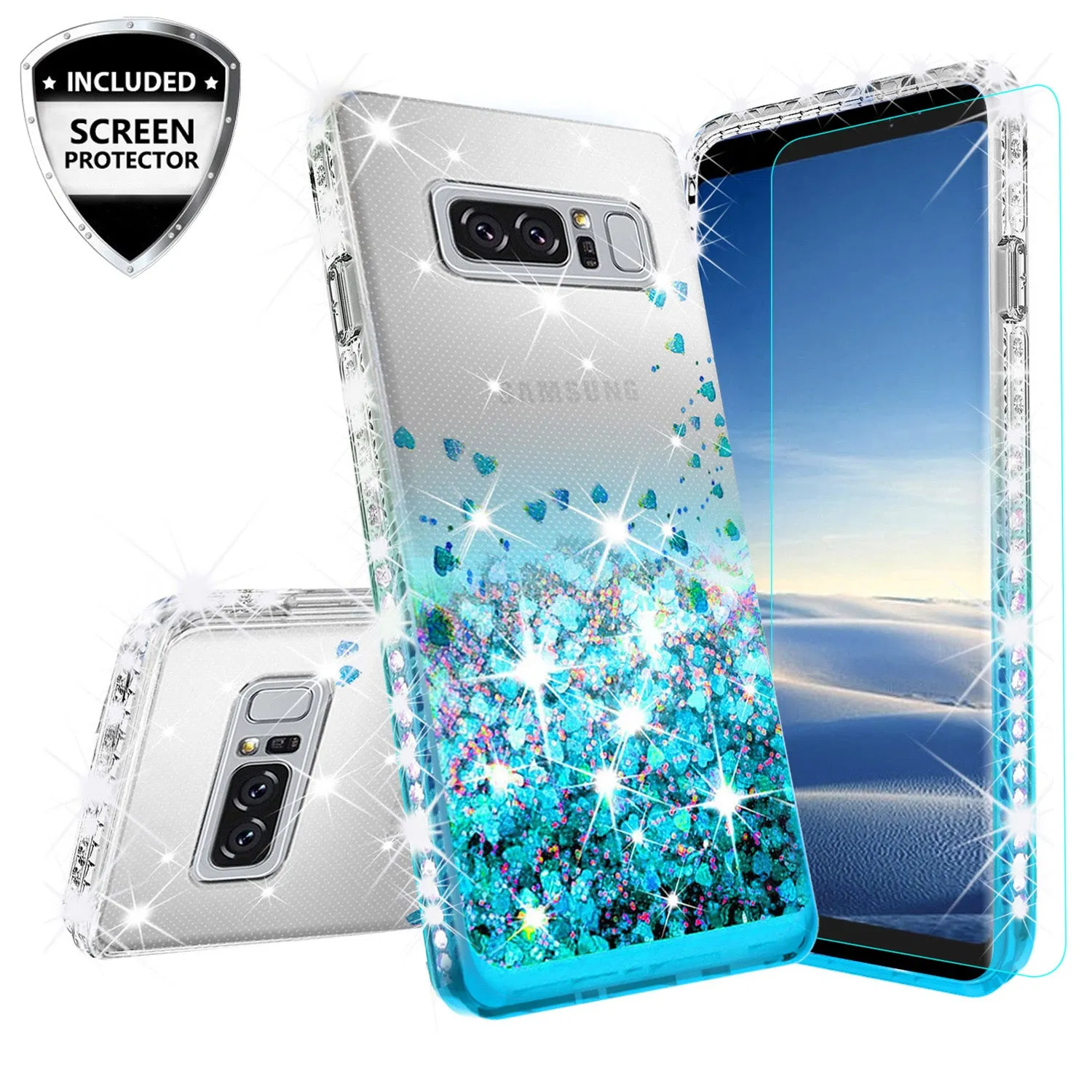 Samsung Galaxy Note 8 Case Liquid Glitter Phone Case Waterfall Floating Quicksand Bling Sparkle Cute Protective Girls Women Cover for Galaxy Note 8 - Teal