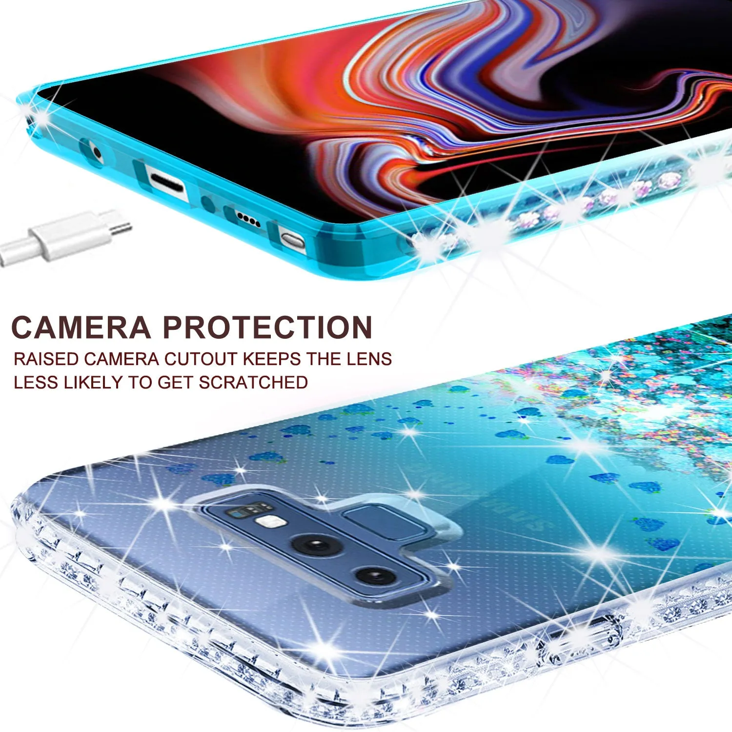 Samsung Galaxy Note 9 Case, SM-N960U Case Liquid Glitter Phone Case Waterfall Floating Quicksand Bling Sparkle Cute Protective Girls Women Cover for Galaxy Note 9 - Teal