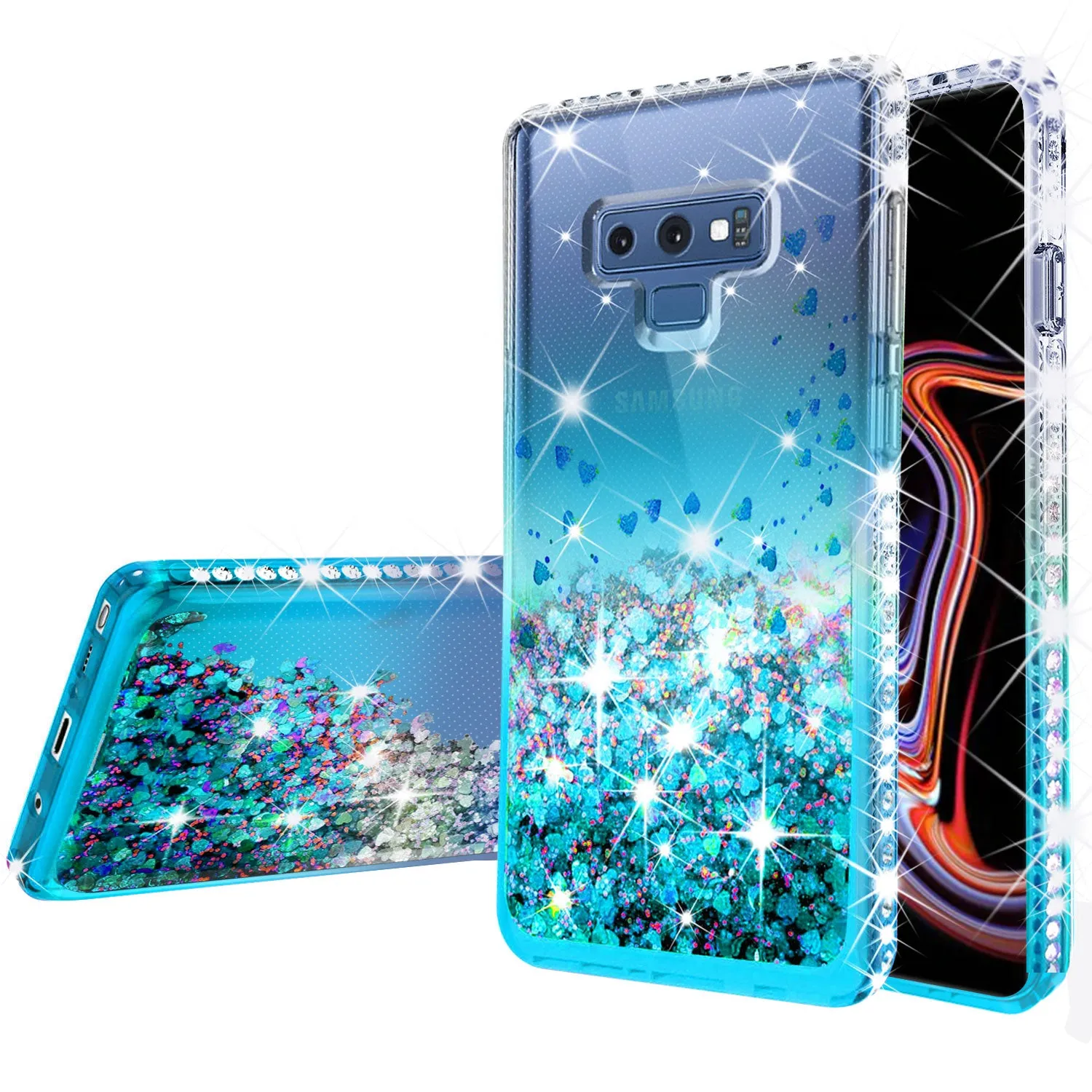 Samsung Galaxy Note 9 Case, SM-N960U Case Liquid Glitter Phone Case Waterfall Floating Quicksand Bling Sparkle Cute Protective Girls Women Cover for Galaxy Note 9 - Teal