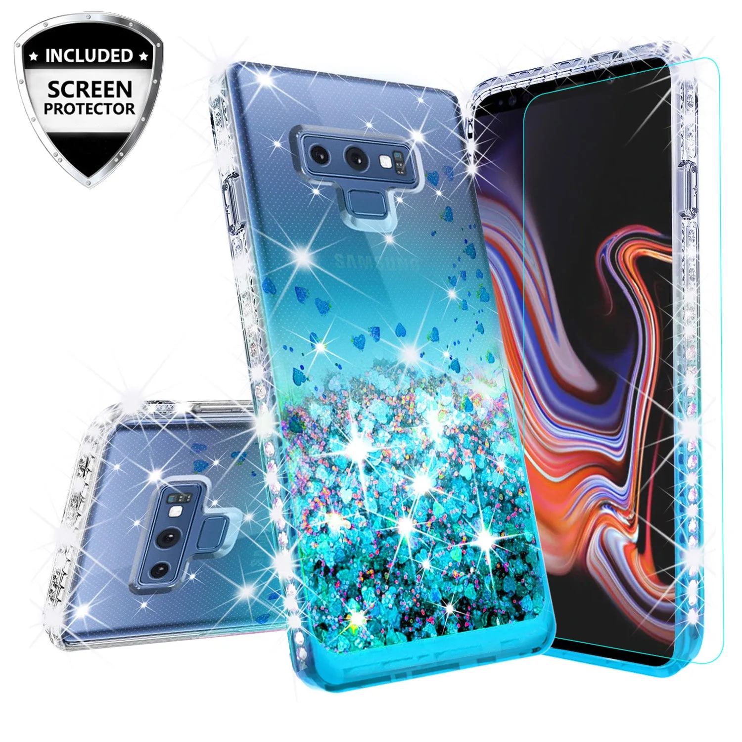 Samsung Galaxy Note 9 Case, SM-N960U Case Liquid Glitter Phone Case Waterfall Floating Quicksand Bling Sparkle Cute Protective Girls Women Cover for Galaxy Note 9 - Teal