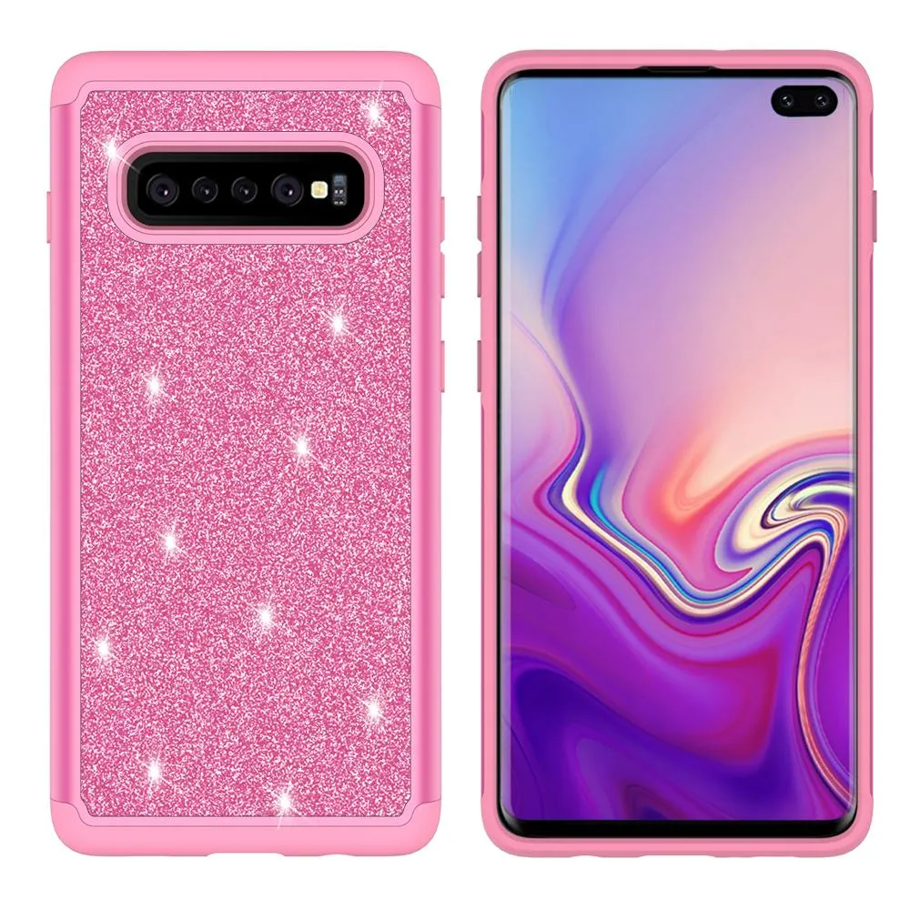 Samsung Galaxy S10 Case, Glitter Bling Heavy Duty Shock Proof Hybrid Case with [HD Screen Protector] Dual Layer Protective Phone Cover for Samsung Galaxy S10 W/Screen Protector - Hot Pink