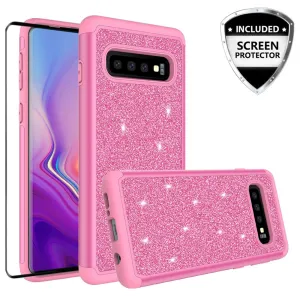 Samsung Galaxy S10 Case, Glitter Bling Heavy Duty Shock Proof Hybrid Case with [HD Screen Protector] Dual Layer Protective Phone Cover for Samsung Galaxy S10 W/Screen Protector - Hot Pink
