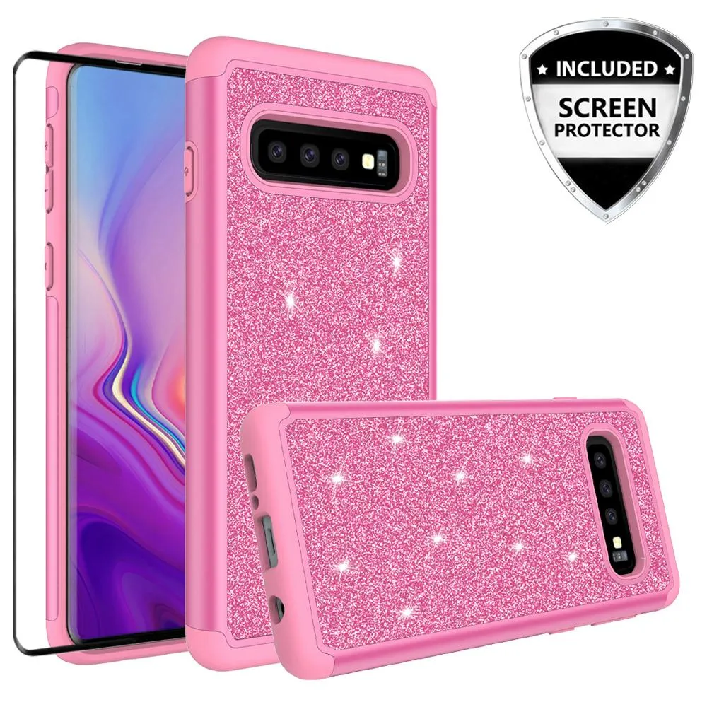 Samsung Galaxy S10 Case, Glitter Bling Heavy Duty Shock Proof Hybrid Case with [HD Screen Protector] Dual Layer Protective Phone Cover for Samsung Galaxy S10 W/Screen Protector - Hot Pink