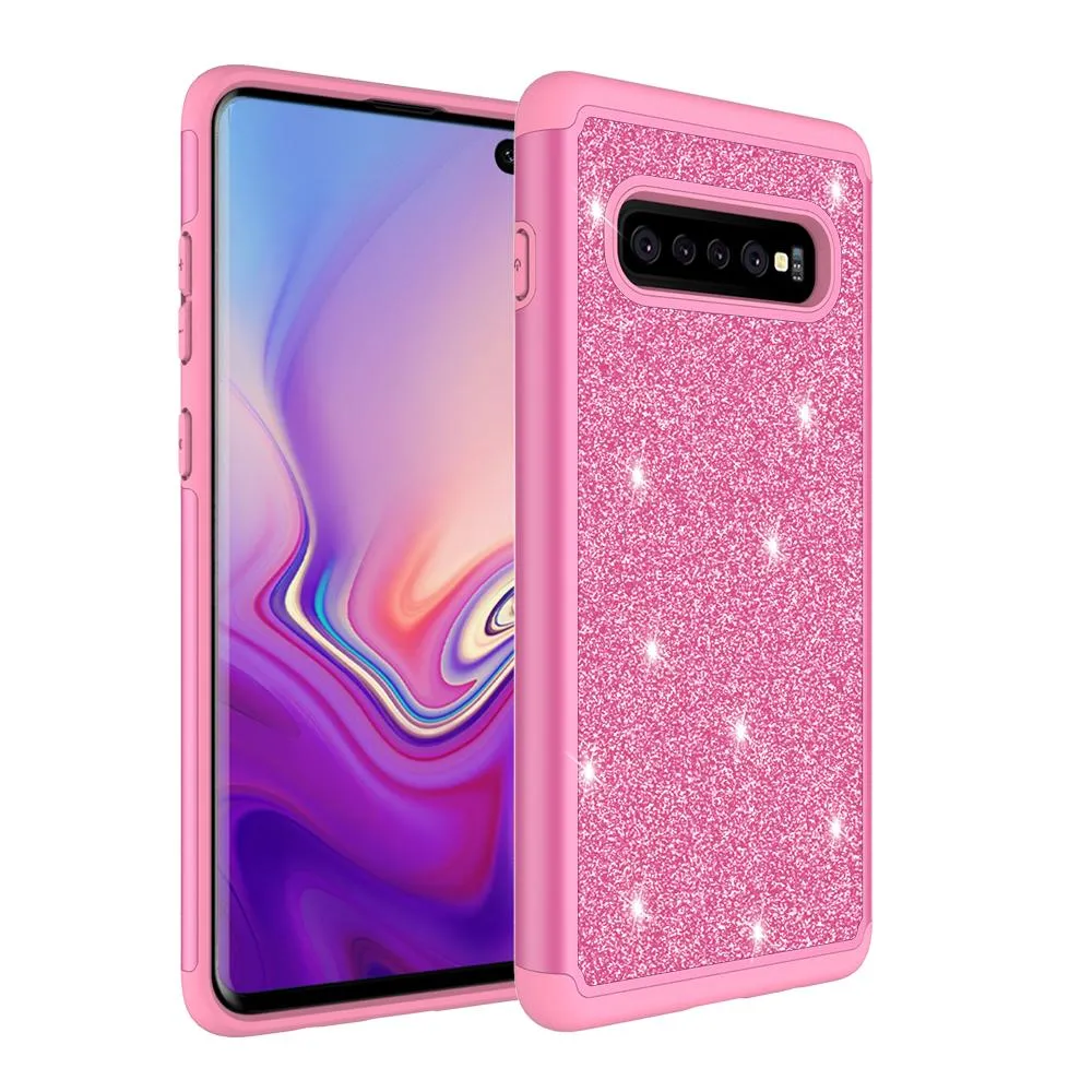 Samsung Galaxy S10 Case, Glitter Bling Heavy Duty Shock Proof Hybrid Case with [HD Screen Protector] Dual Layer Protective Phone Cover for Samsung Galaxy S10 W/Screen Protector - Hot Pink
