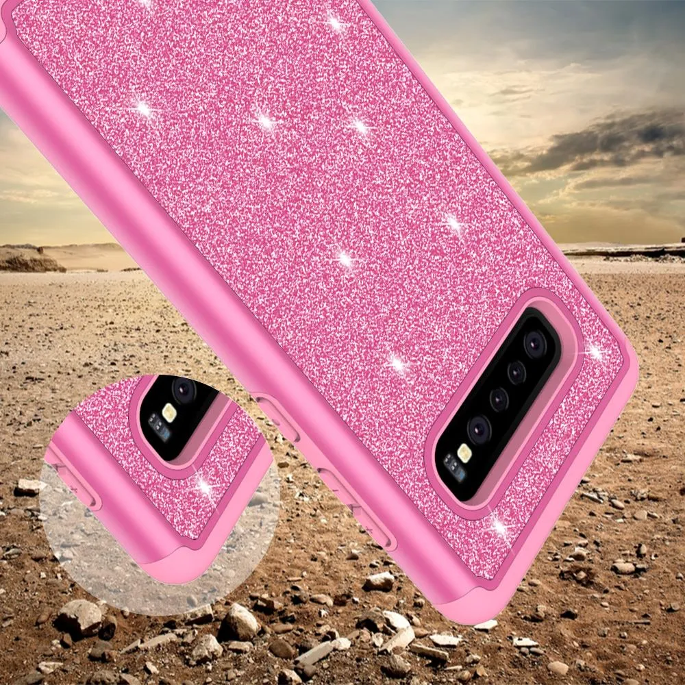 Samsung Galaxy S10 Case, Glitter Bling Heavy Duty Shock Proof Hybrid Case with [HD Screen Protector] Dual Layer Protective Phone Cover for Samsung Galaxy S10 W/Screen Protector - Hot Pink