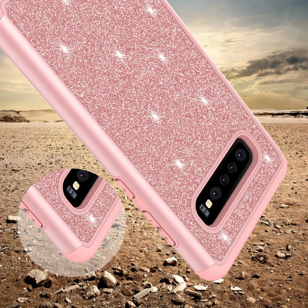 Samsung Galaxy S10 Case, Glitter Bling Heavy Duty Shock Proof Hybrid Case with [HD Screen Protector] Dual Layer Protective Phone Cover for Samsung Galaxy S10 W/Screen Protector - Rose Gold