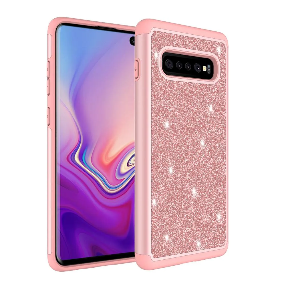 Samsung Galaxy S10 Case, Glitter Bling Heavy Duty Shock Proof Hybrid Case with [HD Screen Protector] Dual Layer Protective Phone Cover for Samsung Galaxy S10 W/Screen Protector - Rose Gold