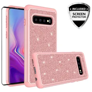 Samsung Galaxy S10 Case, Glitter Bling Heavy Duty Shock Proof Hybrid Case with [HD Screen Protector] Dual Layer Protective Phone Cover for Samsung Galaxy S10 W/Screen Protector - Rose Gold
