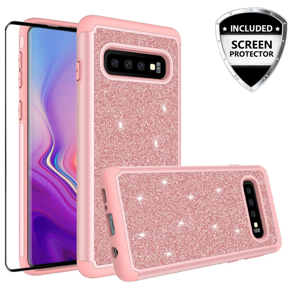 Samsung Galaxy S10 Case, Glitter Bling Heavy Duty Shock Proof Hybrid Case with [HD Screen Protector] Dual Layer Protective Phone Cover for Samsung Galaxy S10 W/Screen Protector - Rose Gold
