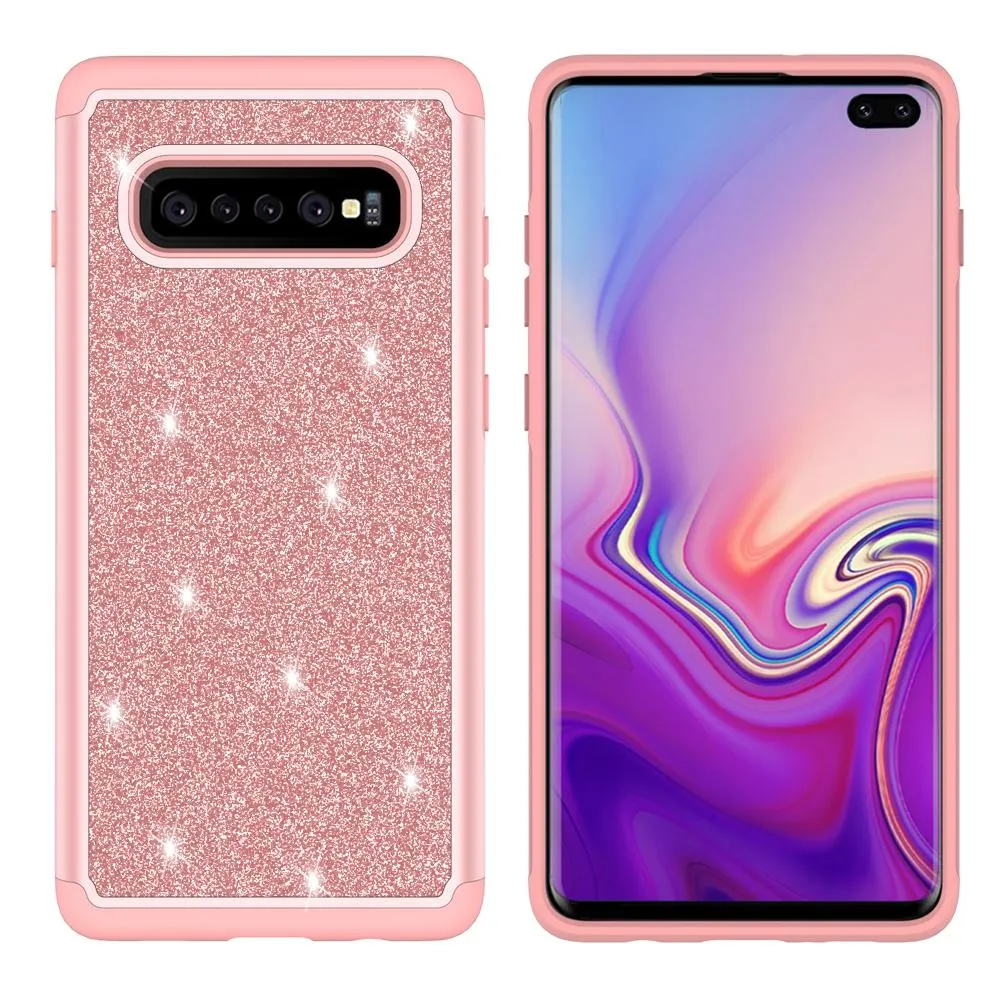 Samsung Galaxy S10 Case, Glitter Bling Heavy Duty Shock Proof Hybrid Case with [HD Screen Protector] Dual Layer Protective Phone Cover for Samsung Galaxy S10 W/Screen Protector - Rose Gold