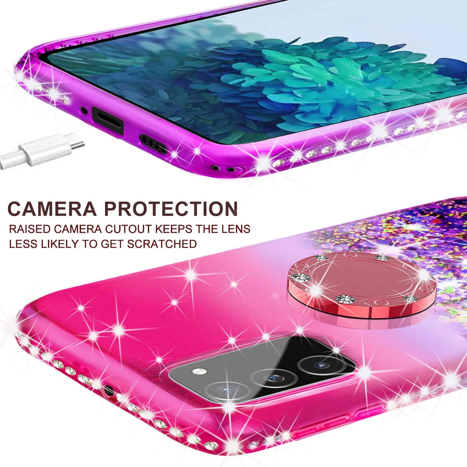 Samsung Galaxy S20 Fan Edition/Galaxy S20 FE Case, Ring Stand Liquid Floating Quicksand Bling Sparkle Protective Girls Women for Samsung Galaxy S20 Fan Edition/Galaxy S20 FE W/Tempered Glass - (Hot Pink/Purple Gradient)