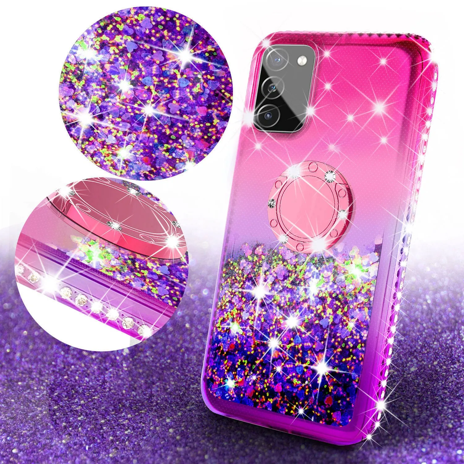 Samsung Galaxy S20 Fan Edition/Galaxy S20 FE Case, Ring Stand Liquid Floating Quicksand Bling Sparkle Protective Girls Women for Samsung Galaxy S20 Fan Edition/Galaxy S20 FE W/Tempered Glass - (Hot Pink/Purple Gradient)