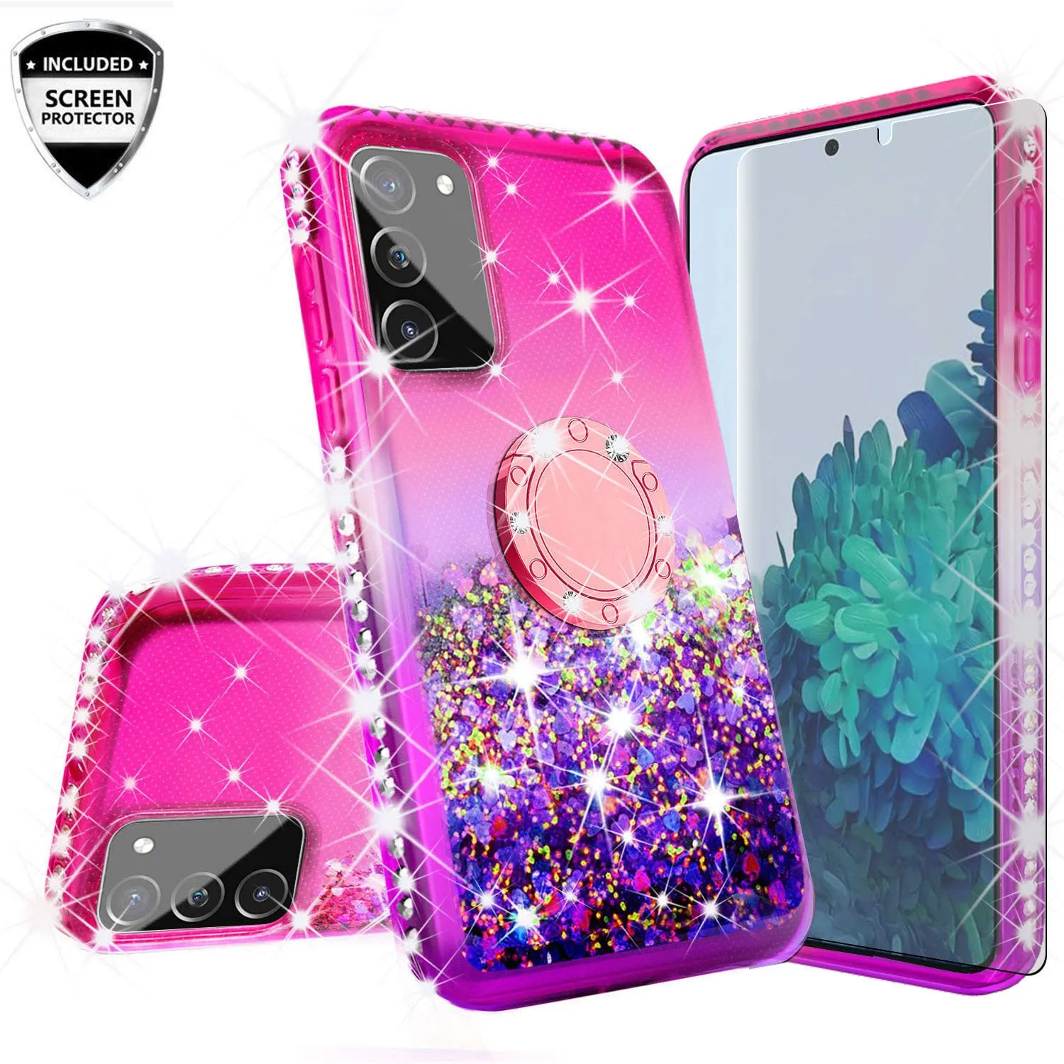 Samsung Galaxy S20 Fan Edition/Galaxy S20 FE Case, Ring Stand Liquid Floating Quicksand Bling Sparkle Protective Girls Women for Samsung Galaxy S20 Fan Edition/Galaxy S20 FE W/Tempered Glass - (Hot Pink/Purple Gradient)