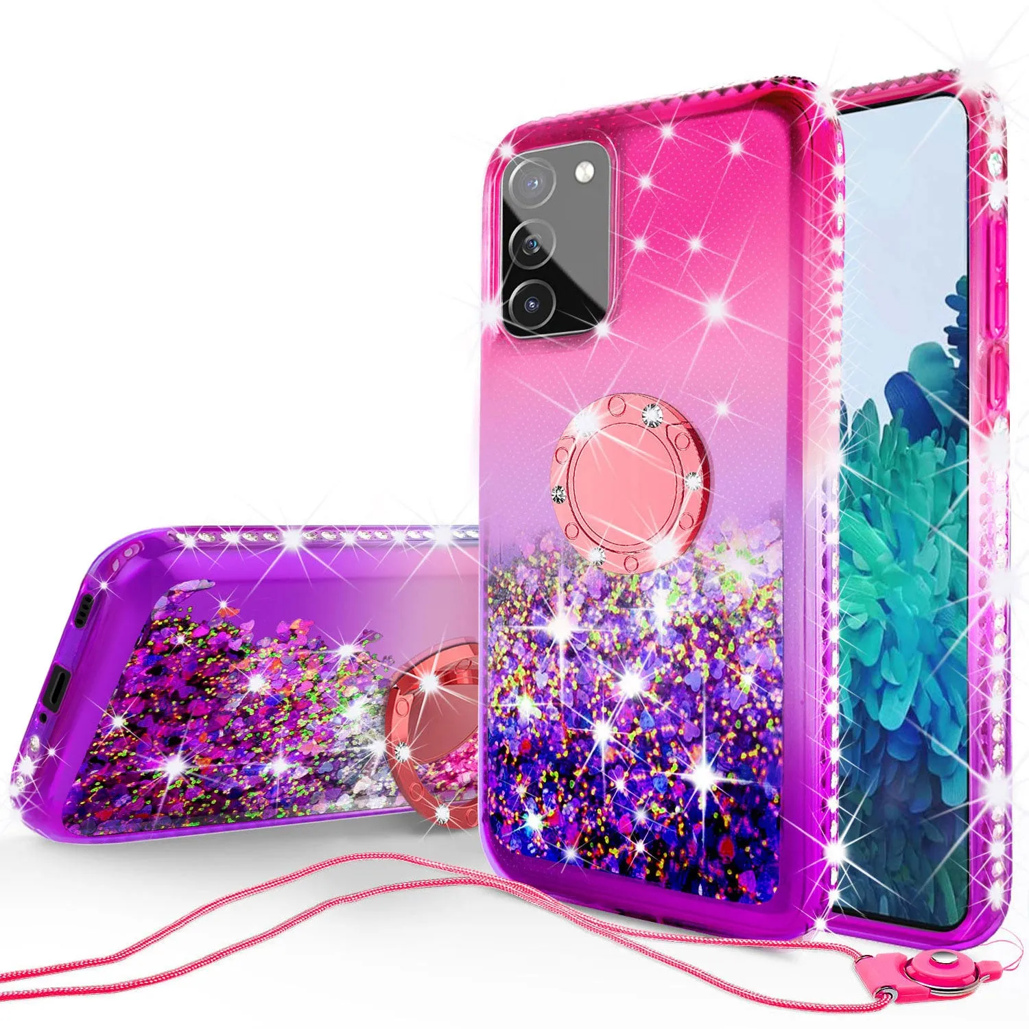 Samsung Galaxy S20 Fan Edition/Galaxy S20 FE Case, Ring Stand Liquid Floating Quicksand Bling Sparkle Protective Girls Women for Samsung Galaxy S20 Fan Edition/Galaxy S20 FE W/Tempered Glass - (Hot Pink/Purple Gradient)