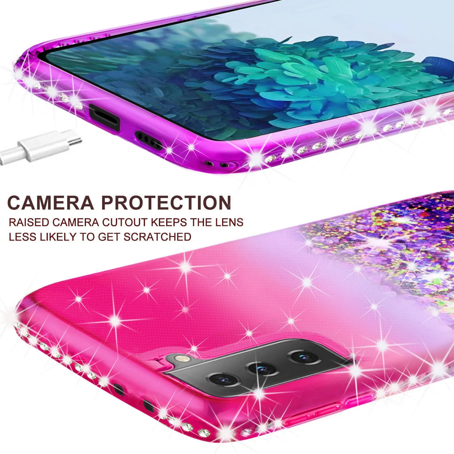 Samsung Galaxy S21 Case Liquid Glitter Phone Case Waterfall Floating Quicksand Bling Sparkle Cute Protective Girls Women Cover for Samsung Galaxy S21 w/ Tempered Glass - (Hot Pink/Purple Gradient)