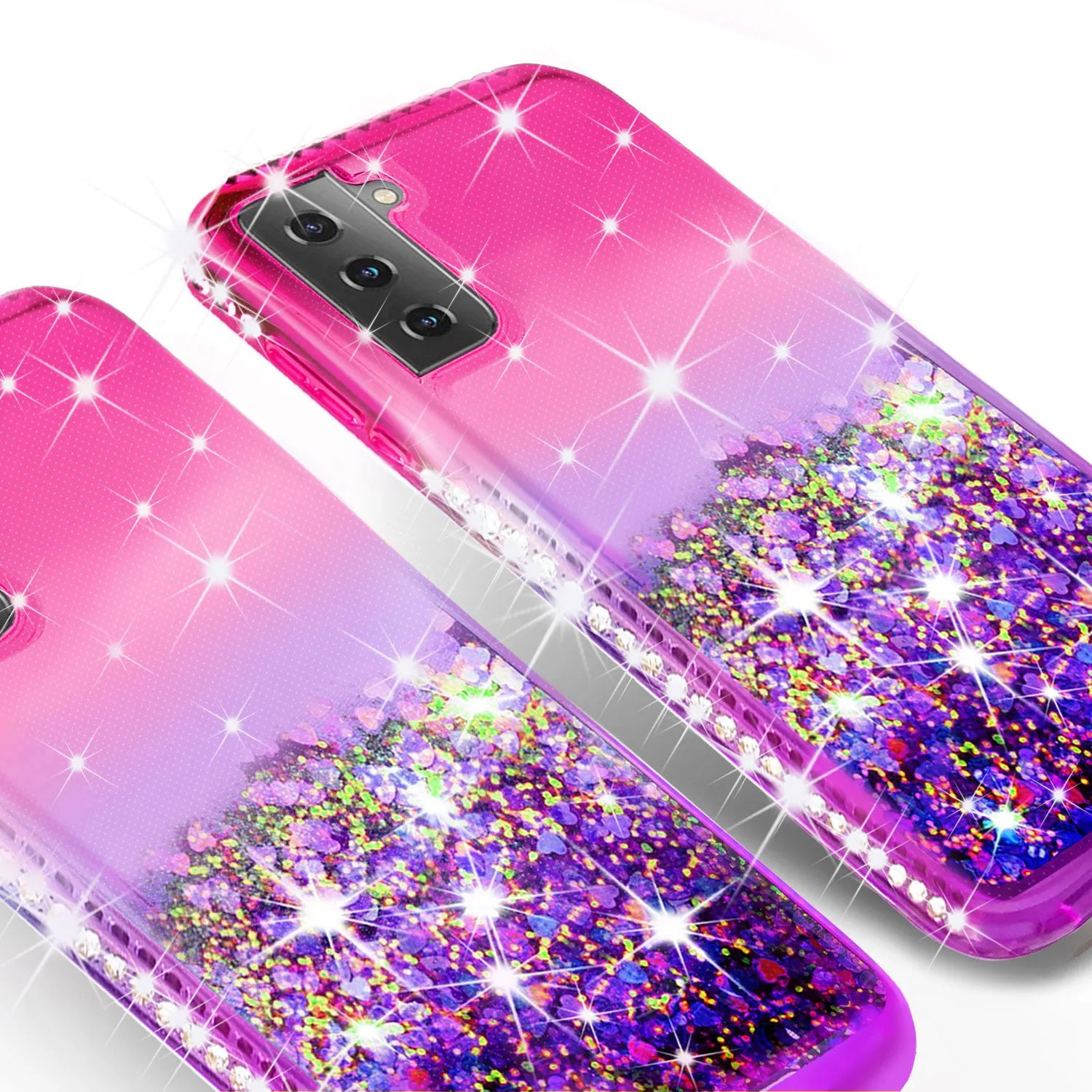 Samsung Galaxy S21 Case Liquid Glitter Phone Case Waterfall Floating Quicksand Bling Sparkle Cute Protective Girls Women Cover for Samsung Galaxy S21 w/ Tempered Glass - (Hot Pink/Purple Gradient)