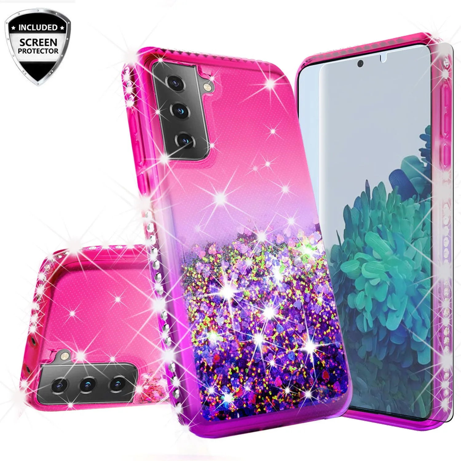 Samsung Galaxy S21 Case Liquid Glitter Phone Case Waterfall Floating Quicksand Bling Sparkle Cute Protective Girls Women Cover for Samsung Galaxy S21 w/ Tempered Glass - (Hot Pink/Purple Gradient)