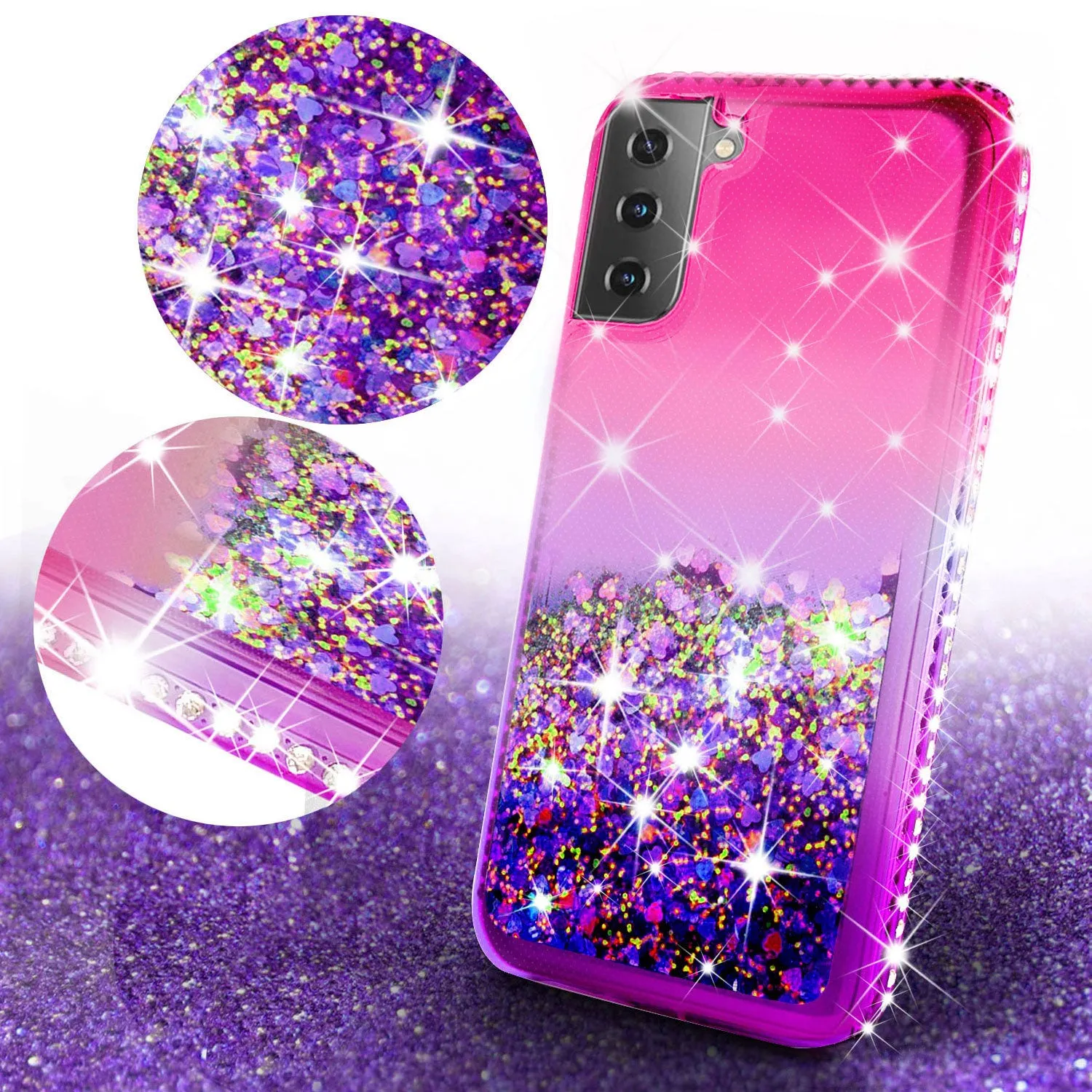 Samsung Galaxy S21 Case Liquid Glitter Phone Case Waterfall Floating Quicksand Bling Sparkle Cute Protective Girls Women Cover for Samsung Galaxy S21 w/ Tempered Glass - (Hot Pink/Purple Gradient)