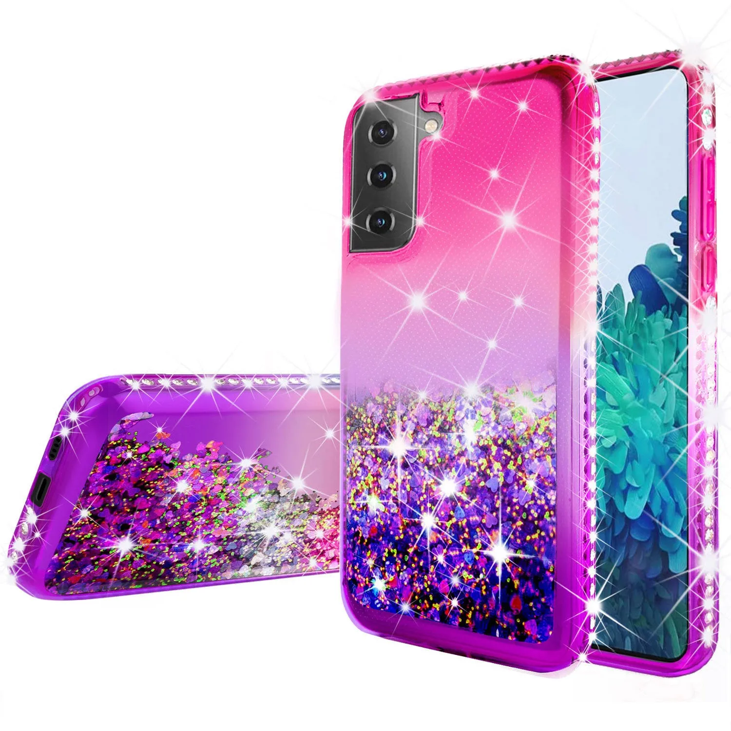 Samsung Galaxy S21 Case Liquid Glitter Phone Case Waterfall Floating Quicksand Bling Sparkle Cute Protective Girls Women Cover for Samsung Galaxy S21 w/ Tempered Glass - (Hot Pink/Purple Gradient)
