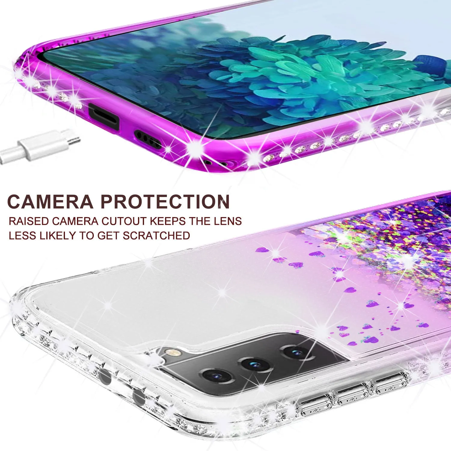 Samsung Galaxy S21  /Galaxy S21 Plus Case Liquid Glitter Phone Case Waterfall Floating Quicksand Bling Sparkle Cute Protective Girls Women Cover for Samsung Galaxy S21  /Galaxy S21 Plus W/Temper Glass - Purple