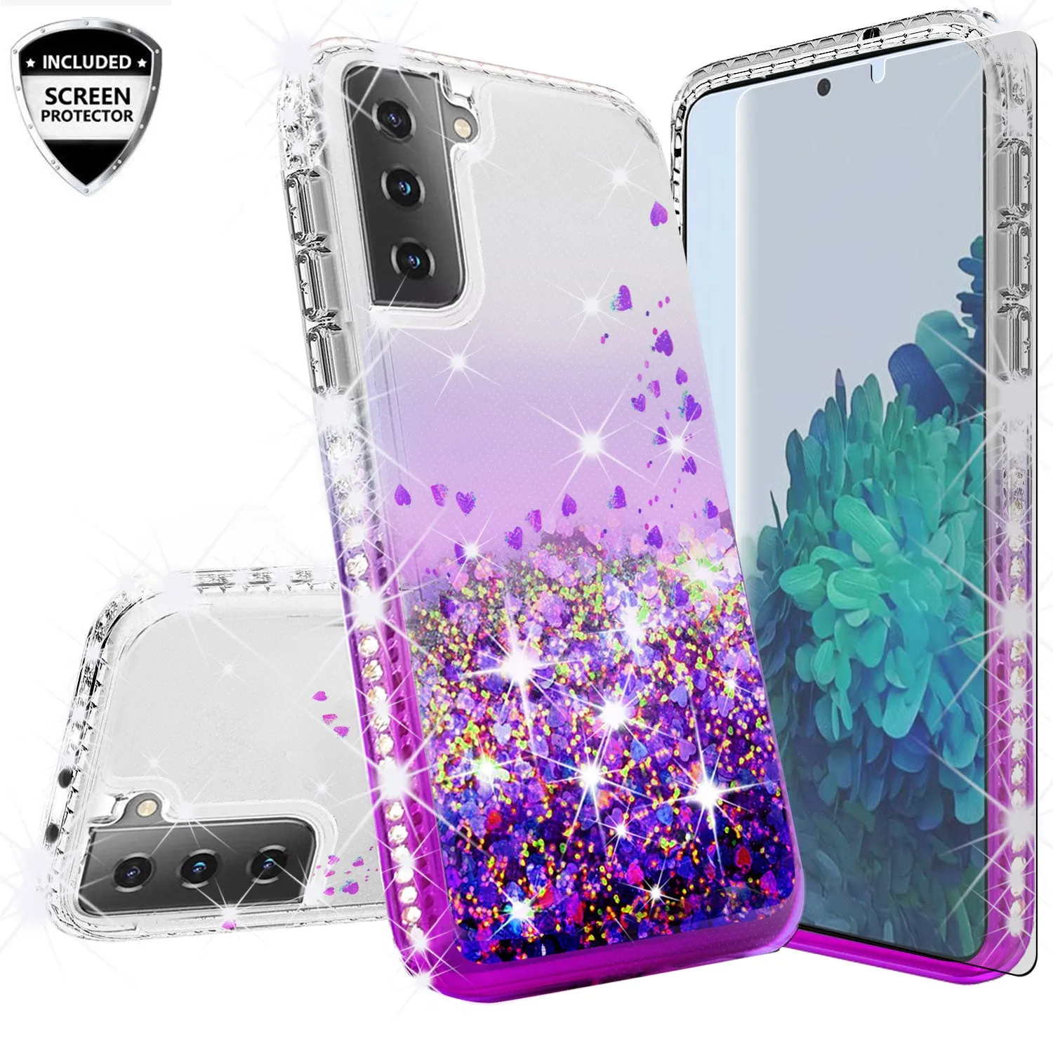 Samsung Galaxy S21  /Galaxy S21 Plus Case Liquid Glitter Phone Case Waterfall Floating Quicksand Bling Sparkle Cute Protective Girls Women Cover for Samsung Galaxy S21  /Galaxy S21 Plus W/Temper Glass - Purple