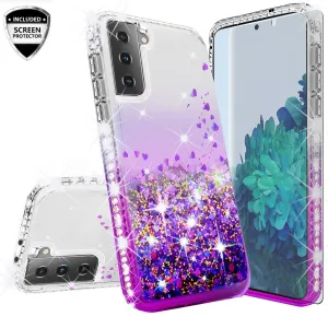 Samsung Galaxy S21  /Galaxy S21 Plus Case Liquid Glitter Phone Case Waterfall Floating Quicksand Bling Sparkle Cute Protective Girls Women Cover for Samsung Galaxy S21  /Galaxy S21 Plus W/Temper Glass - Purple
