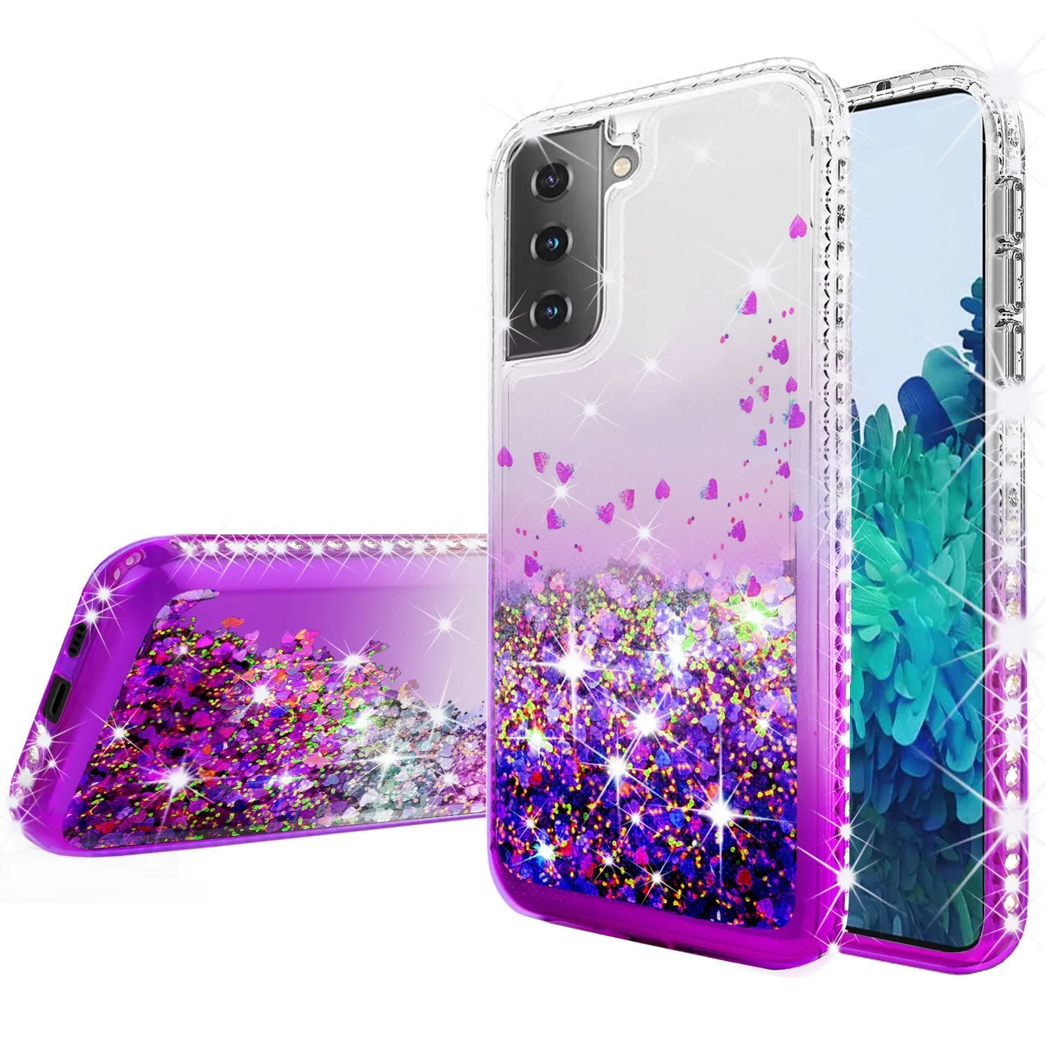 Samsung Galaxy S21  /Galaxy S21 Plus Case Liquid Glitter Phone Case Waterfall Floating Quicksand Bling Sparkle Cute Protective Girls Women Cover for Samsung Galaxy S21  /Galaxy S21 Plus W/Temper Glass - Purple