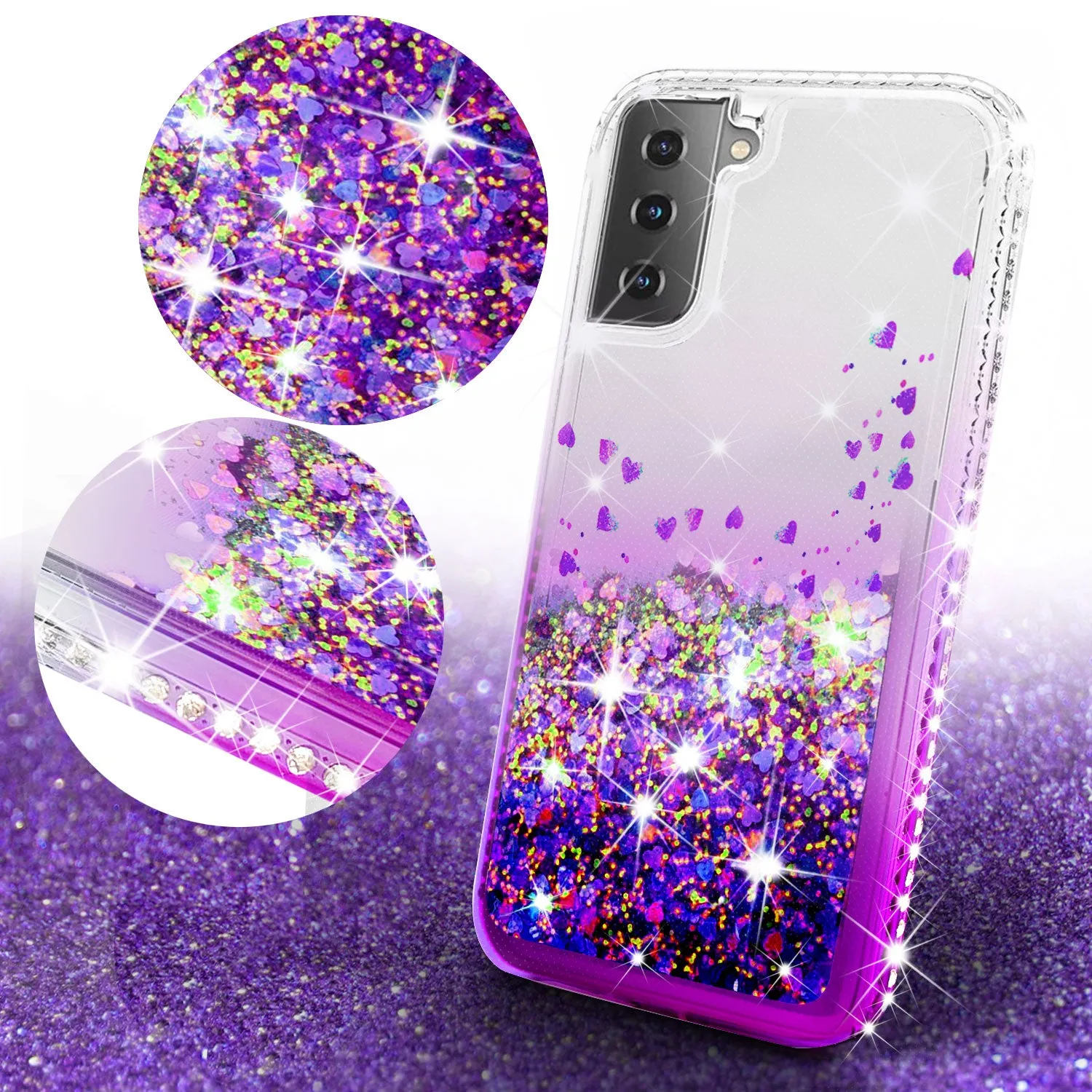 Samsung Galaxy S21  /Galaxy S21 Plus Case Liquid Glitter Phone Case Waterfall Floating Quicksand Bling Sparkle Cute Protective Girls Women Cover for Samsung Galaxy S21  /Galaxy S21 Plus W/Temper Glass - Purple