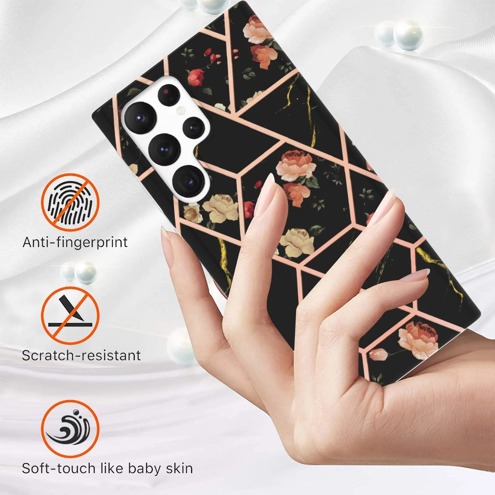 Samsung Galaxy S23 Ultra 5G Case Hard back Marble Pattern Slim Design Enhanced Camera and Screen Protection Girls and Women Cover (Black)