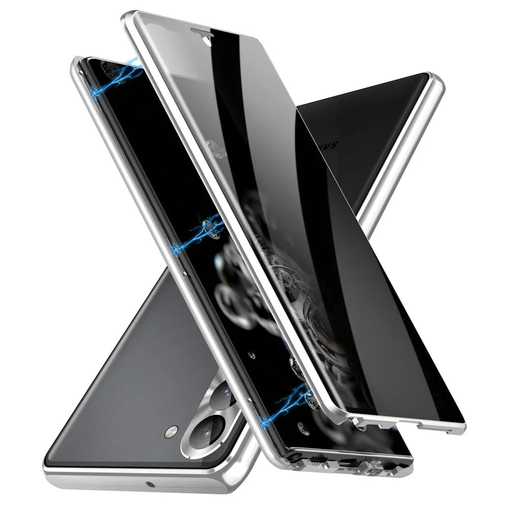 Samsung Galaxy S24 Magnetic aluminum protective case with armoured glass back cover   privacy display / camera protection (locking mechanism) - Silver