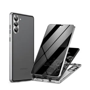 Samsung Galaxy S24 Magnetic aluminum protective case with armoured glass back cover   privacy display / camera protection (locking mechanism) - Silver