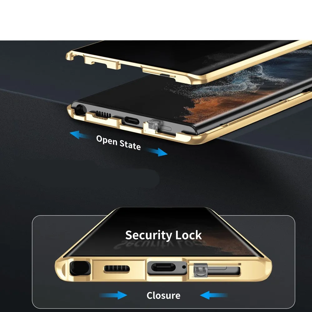Samsung Galaxy S24 Magnetic aluminum protective case with armoured glass back cover   privacy display / camera protection (locking mechanism) - Silver
