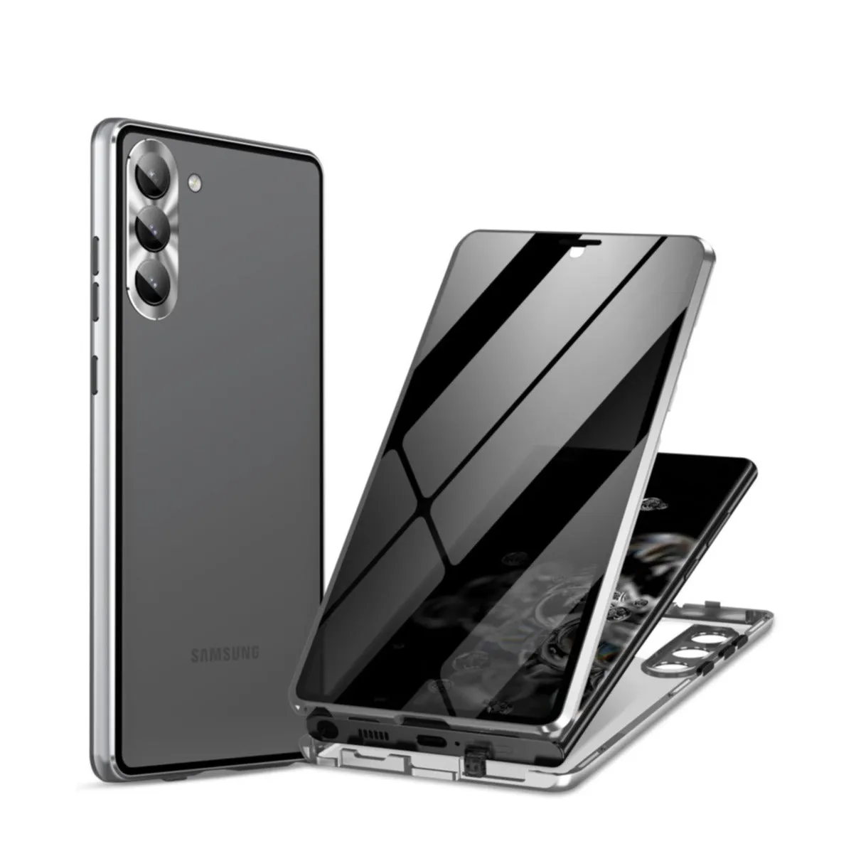 Samsung Galaxy S24 Magnetic aluminum protective case with armoured glass back cover   privacy display / camera protection (locking mechanism) - Silver