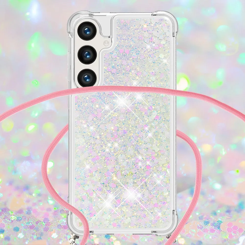 Samsung Galaxy S24 Necklace Rubber Cover Liquid Glitter   Cell Phone Chain (130cm) - Pink / Silver