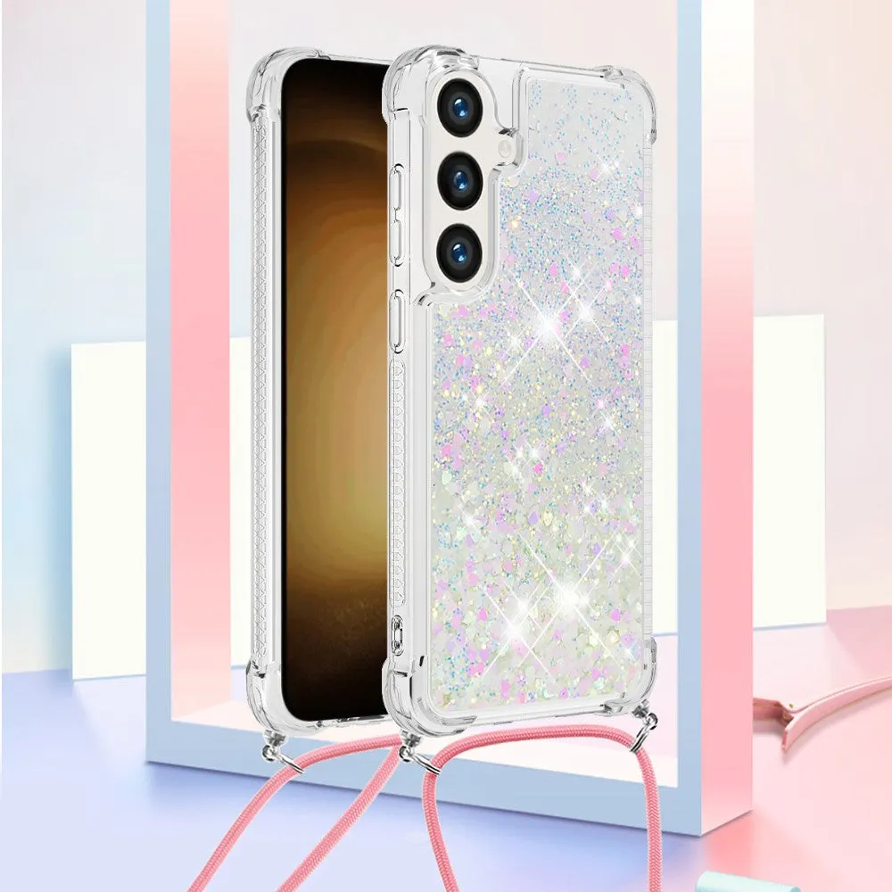 Samsung Galaxy S24 Necklace Rubber Cover Liquid Glitter   Cell Phone Chain (130cm) - Pink / Silver